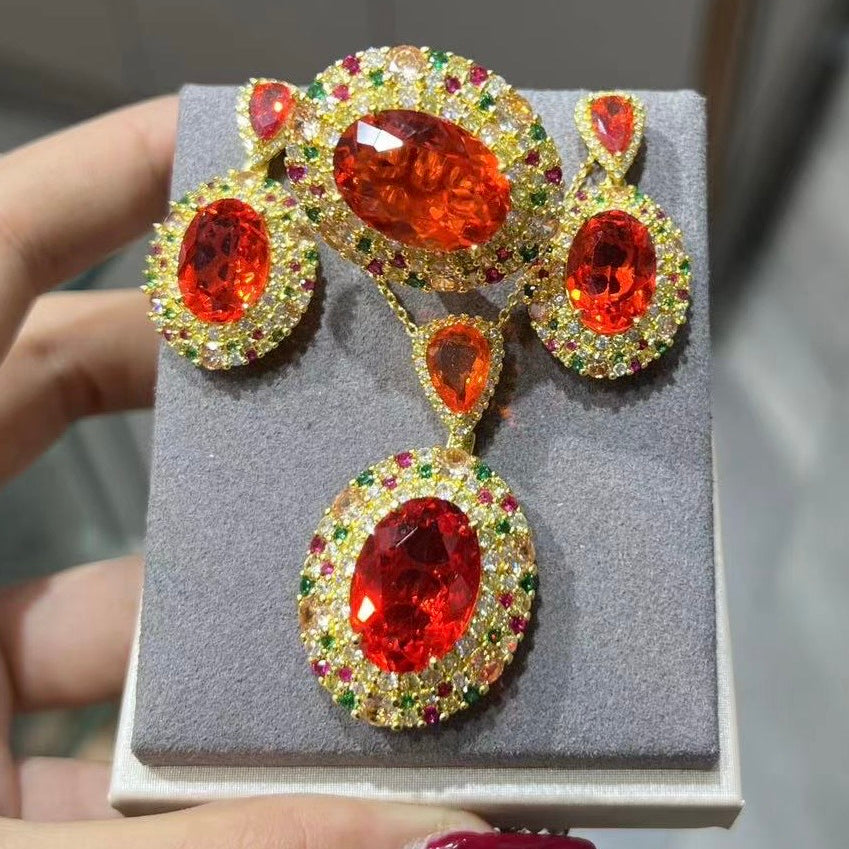 CZ Stones Orange-red Three-piece Jewelry Set Necklace Earrings Ring Copper Adjustable