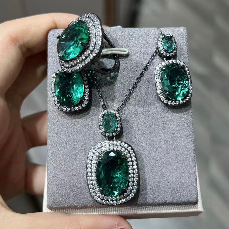 CZ Stones Green Three-piece Jewelry Set Necklace Earrings Ring Copper Adjustable