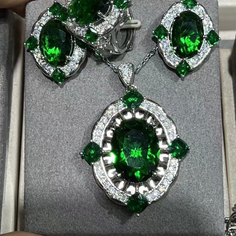 CZ Stones Green Three-piece Jewelry Set Necklace Earrings Ring Copper Adjustable