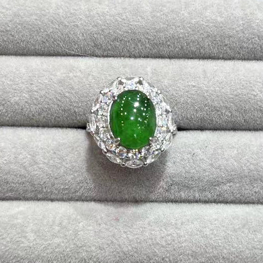 Natural Guatemalan Jade Imperial Green Ring Moissanite Adjustable