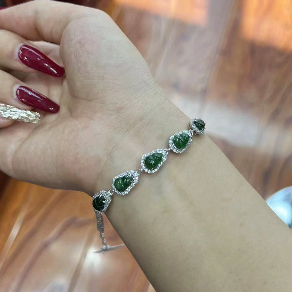 Natural Guatemalan Imperial Green Jade and Moissanite Gourd Charm Bracelet