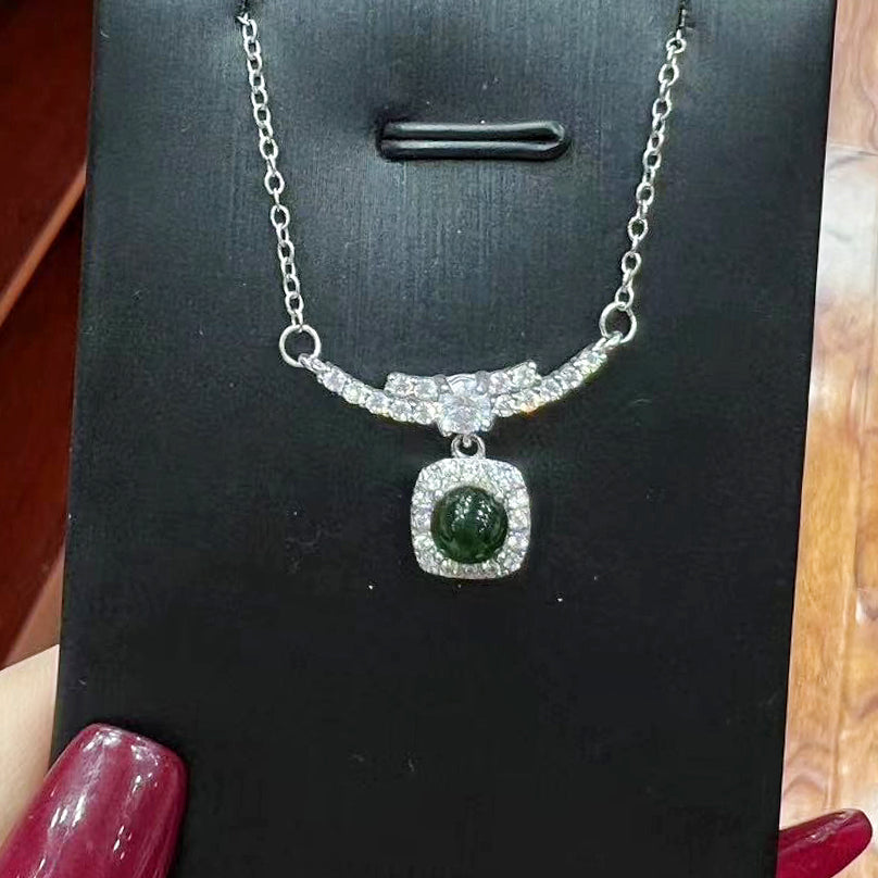Natural Guatemalan Imperial Green Jade and Moissanite Necklace