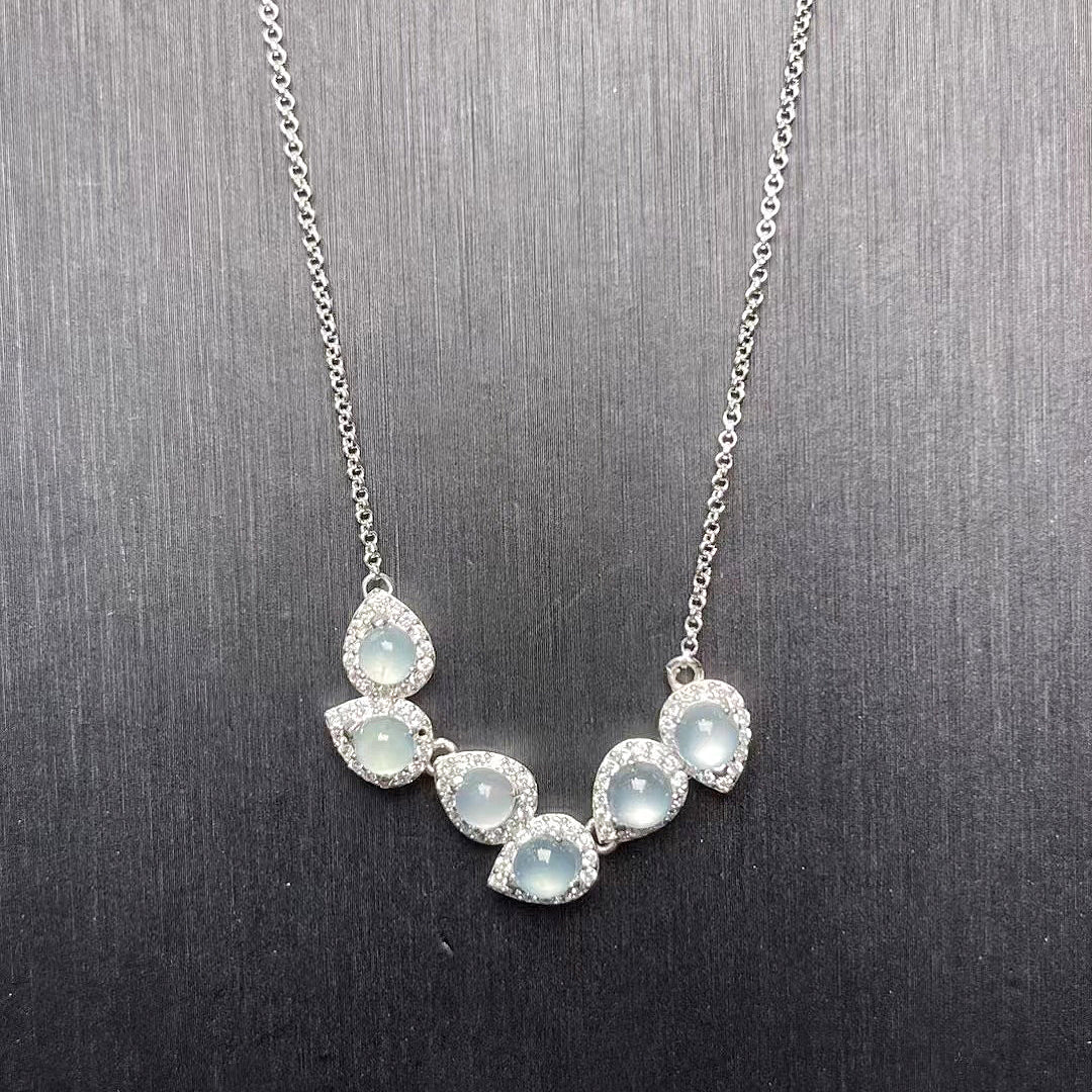 Natural Guatemalan Ice Blue Jade and Moissanite Droplet Necklace