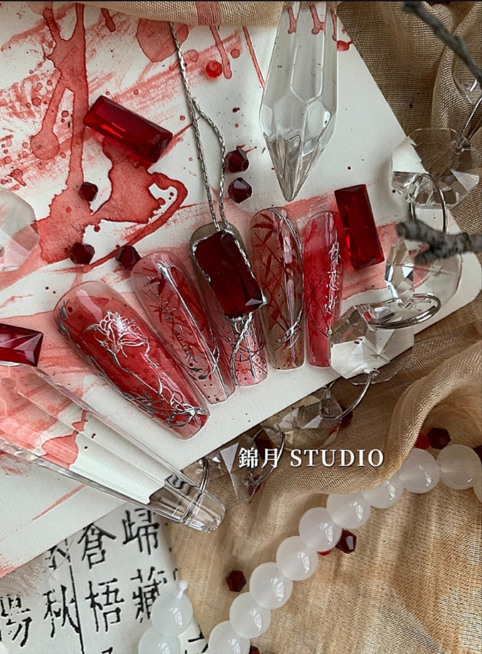 Limited Edition Handmade Fake Nails｜Blood-stained Red Bamboo