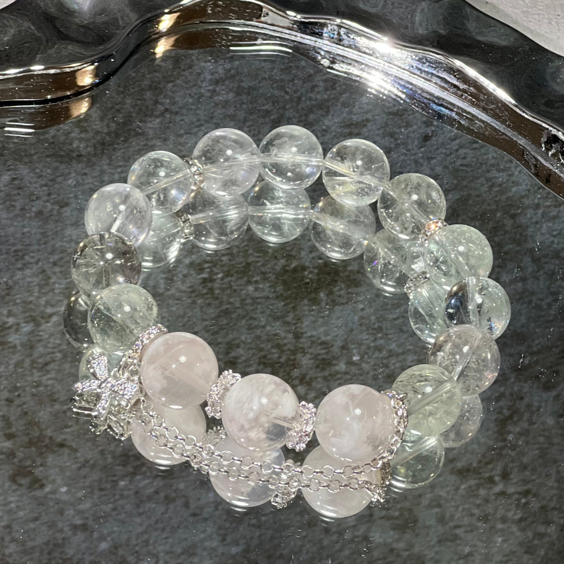 Natural Crystal Bracelet Featuring Green Azeztulite Paired With Snowflake Phantom Quartz Charm Bracelet Design Bracelet