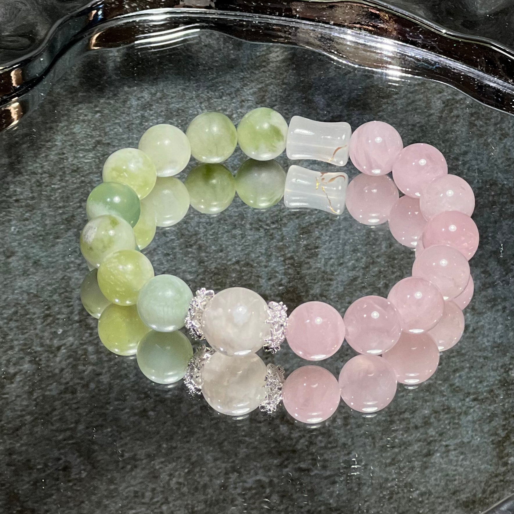 Natural Crystal Bracelet Featuring Jade Paired With Rose Quartz And Snowflake Phantom Quartz Charm Bracelet Design Bracelet