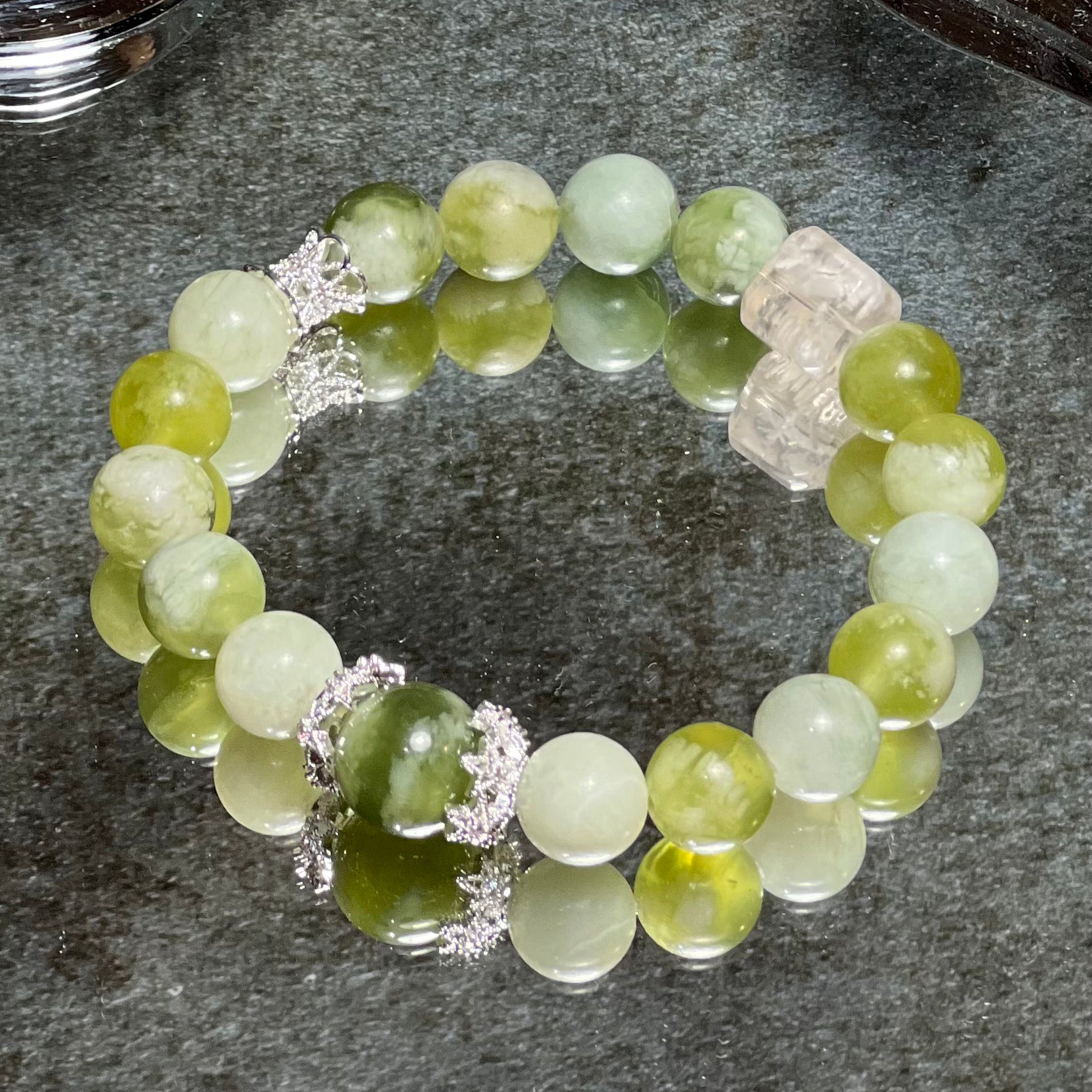 Natural Crystal Bracelet Featuring Jade Paired With Snowflake Phantom Quartz Charm Bracelet Design Bracelet