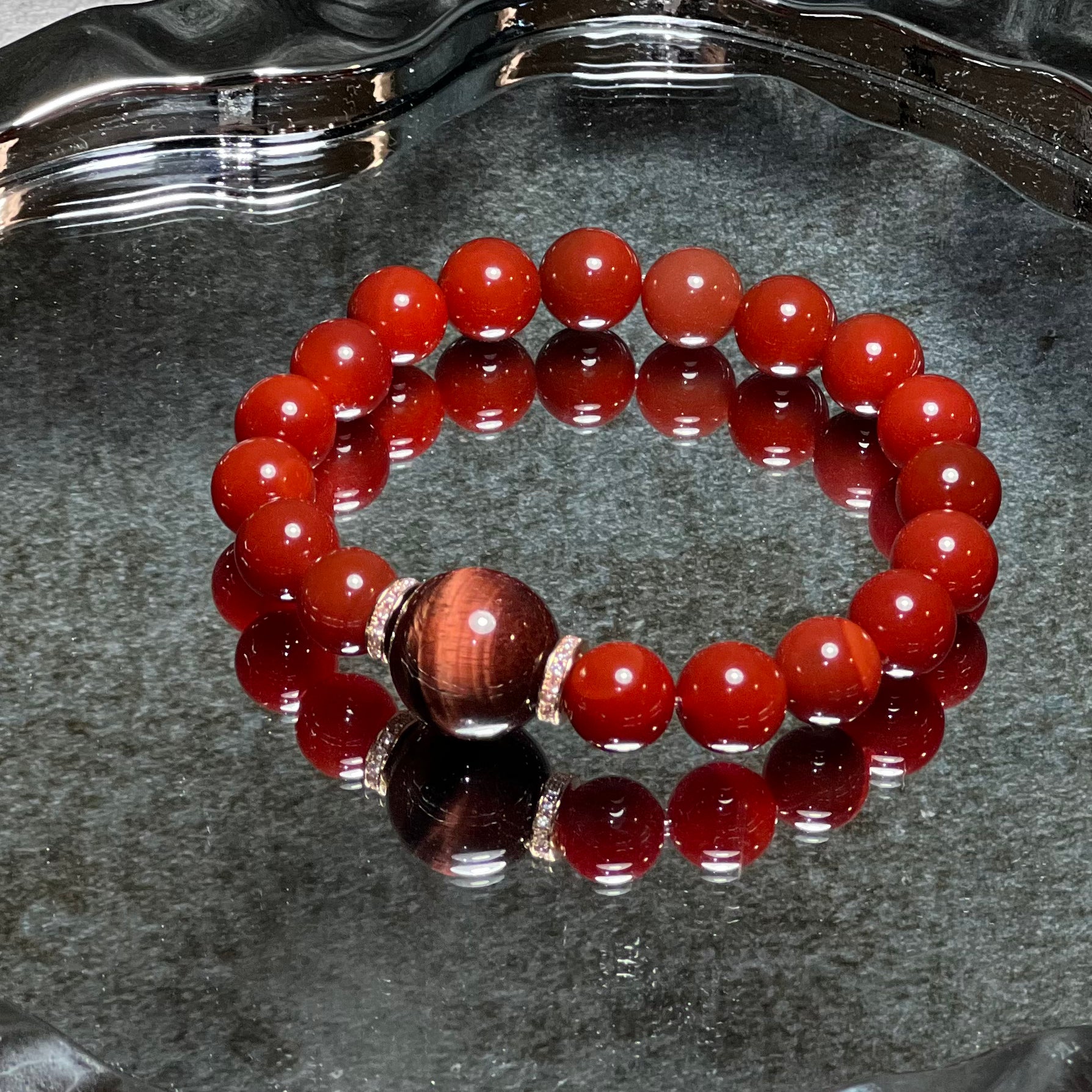 Crystal Bracelet Featuring Tiger's Eye Paired With Carnelian Charm Bracelet Design Bracelet