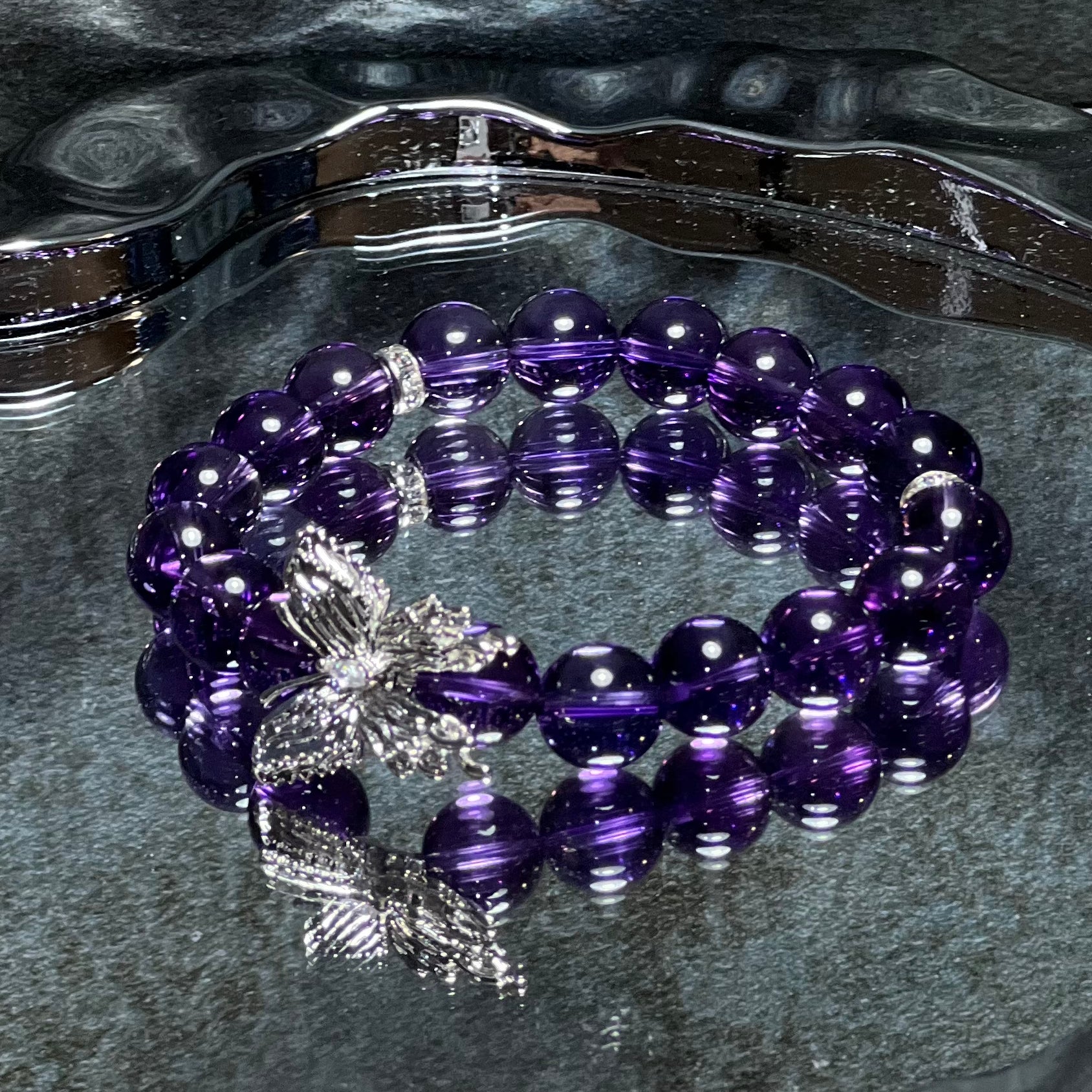 Crystal Bracelet Featuring Amethyst Paired With Butterfly Charm Bracelet Design Bracelet