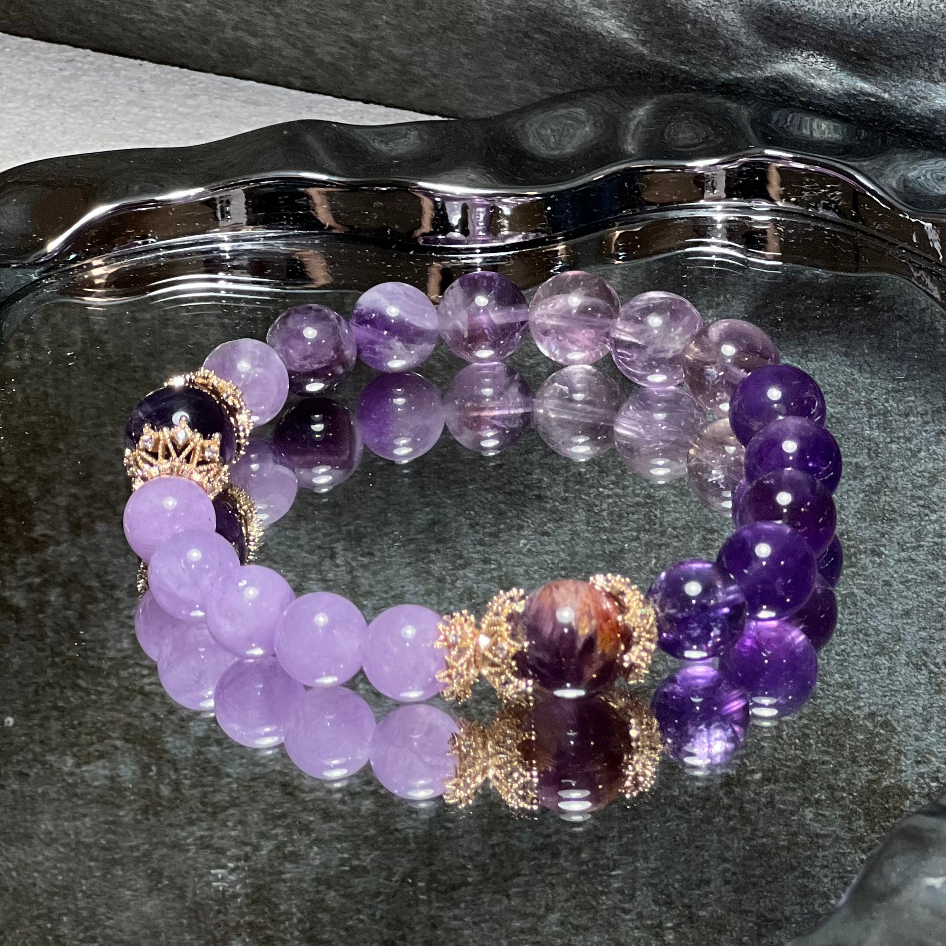 Natural Crystal Bracelet Featuring Lavender Jade Paired With Amethyst Phantom Amethyst Dream Amethyst And Purple Azeztulite Charm Bracelet Design Bracelet