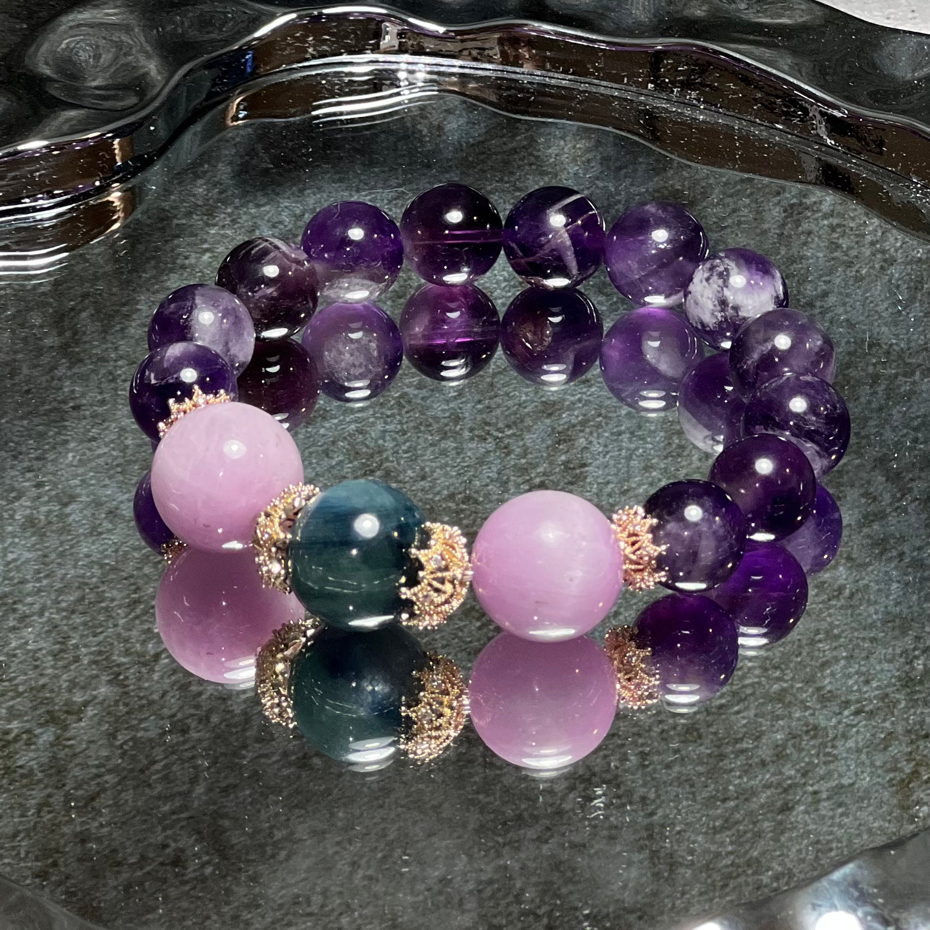 Natural Crystal Bracelet Featuring Phantom Amethyst Paired With Lepidolite And Blue-Green Crystal Charm Bracelet Design Bracelet