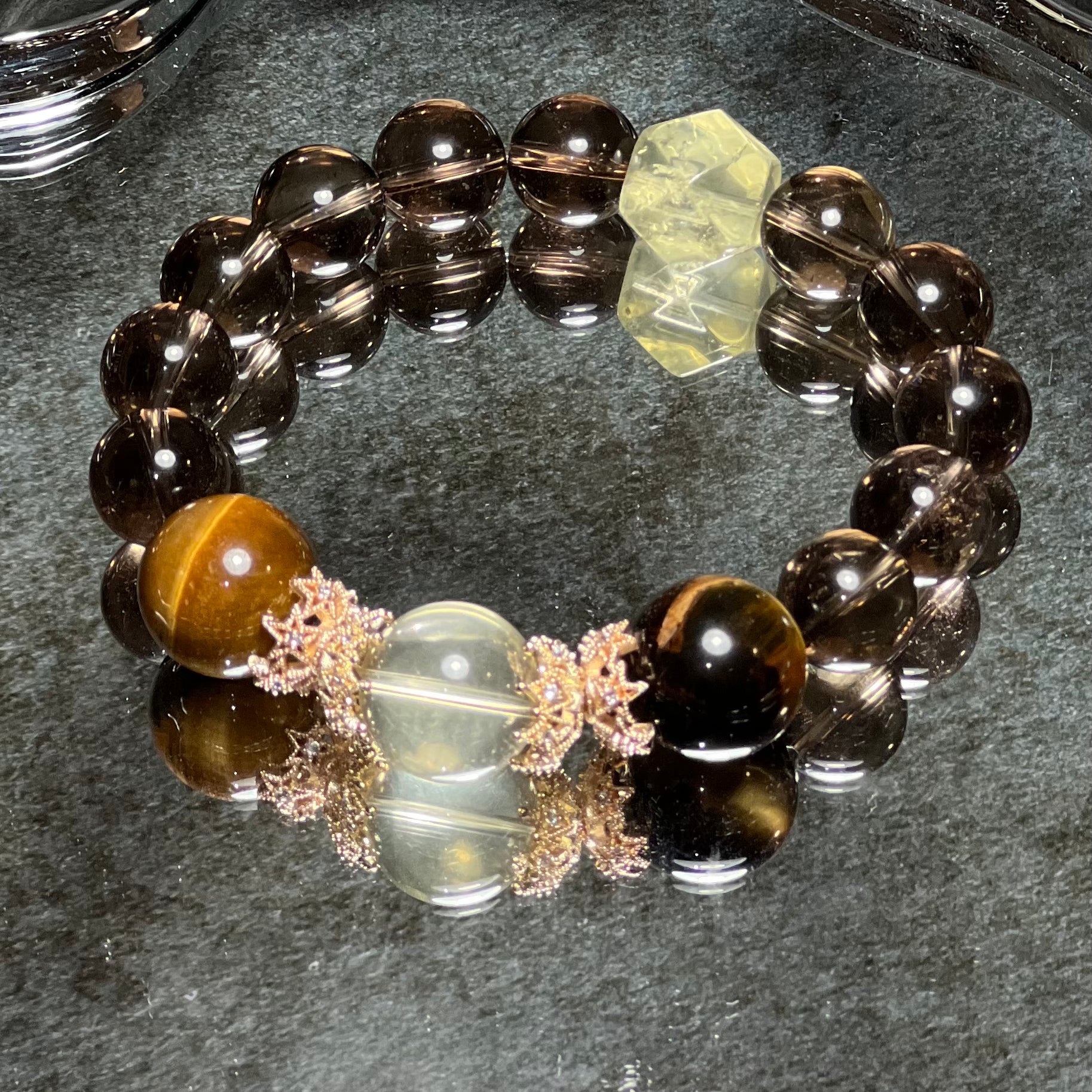 Natural Crystal Bracelet Featuring Smoky Amethyst Paired With Tiger Eyes Citrine Charm Bracelet Design Bracelet