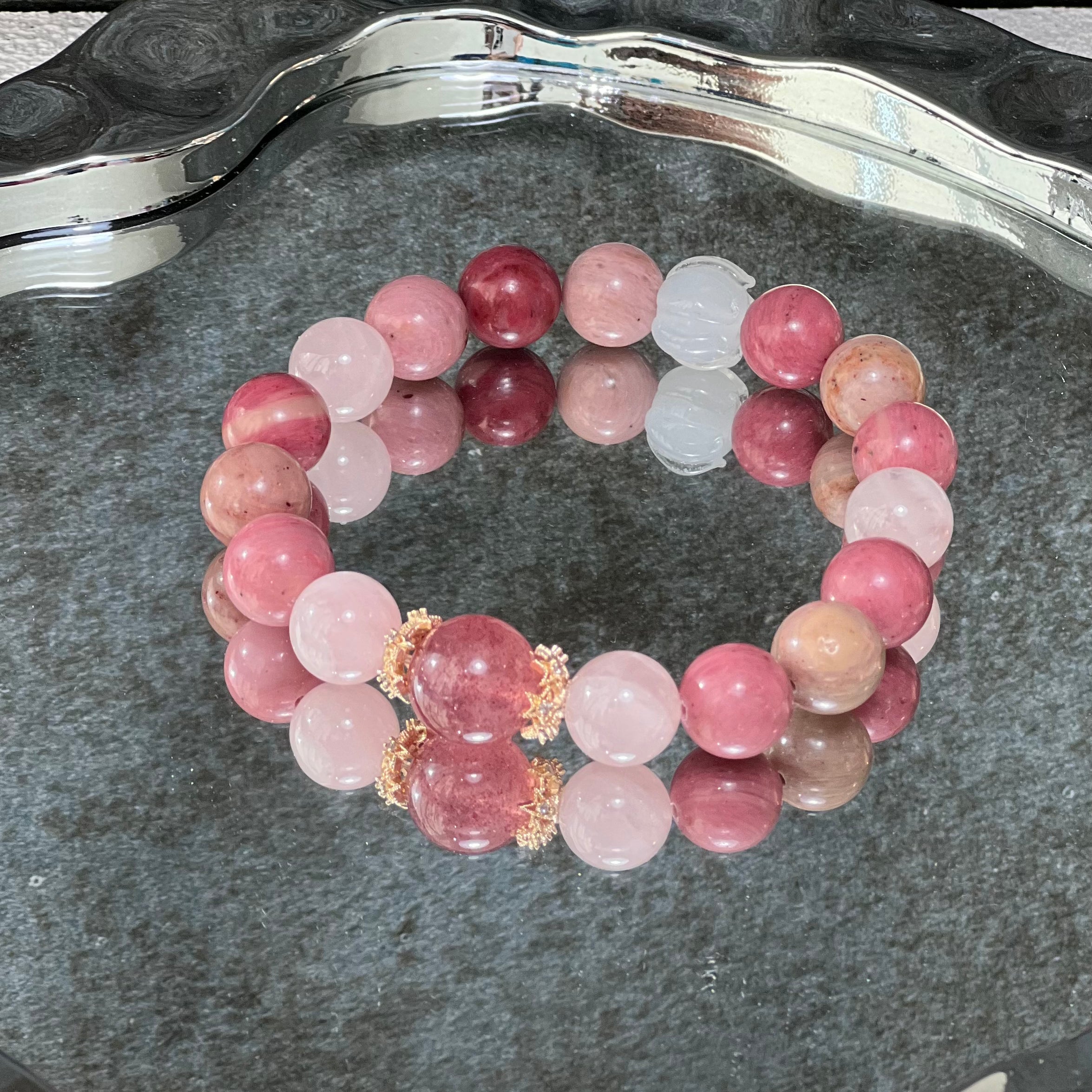 Natural Crystal Bracelet Featuring Rhodochrosite Paired With Strawberry Quartz And Rose Quartz Charm Bracelet Design Bracelet