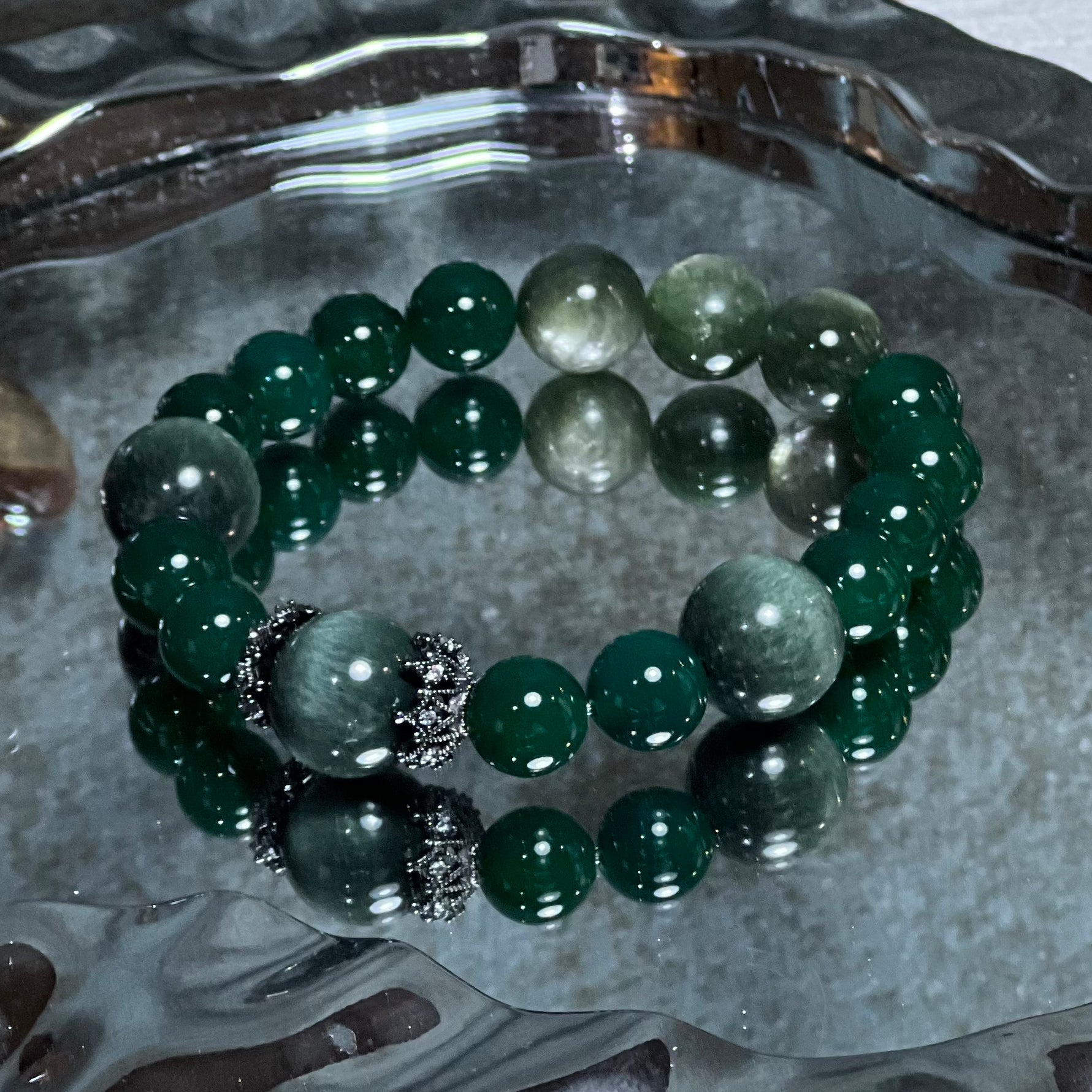 Natural Crystal Bracelet Featuring Green Onyx Paired With Green Lepidolite And Green Hawk's Eye Charm Bracelet Design Bracelet